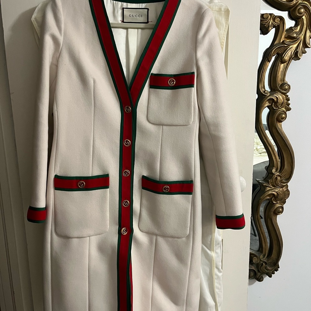 Gucci Web Wool White Coat with Red and Green Accents 40 4